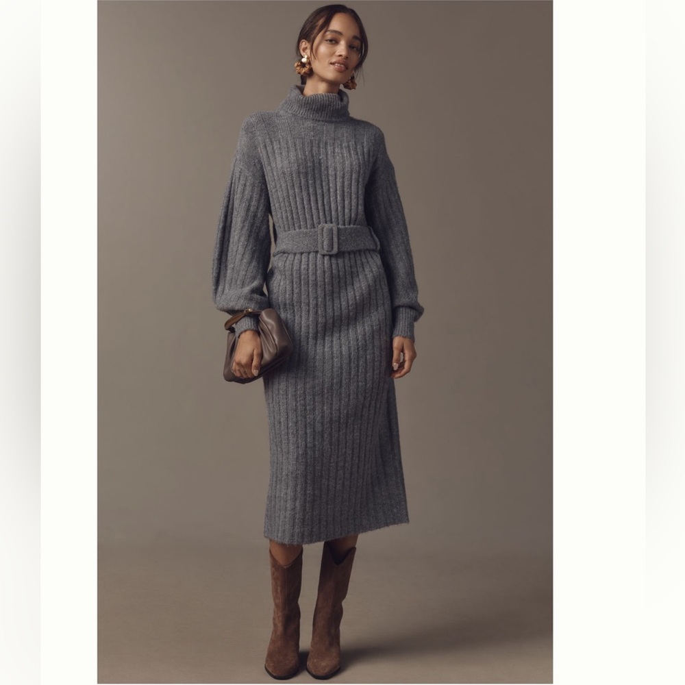 Nwt Cozy Gray Knit belted Sweater Dress